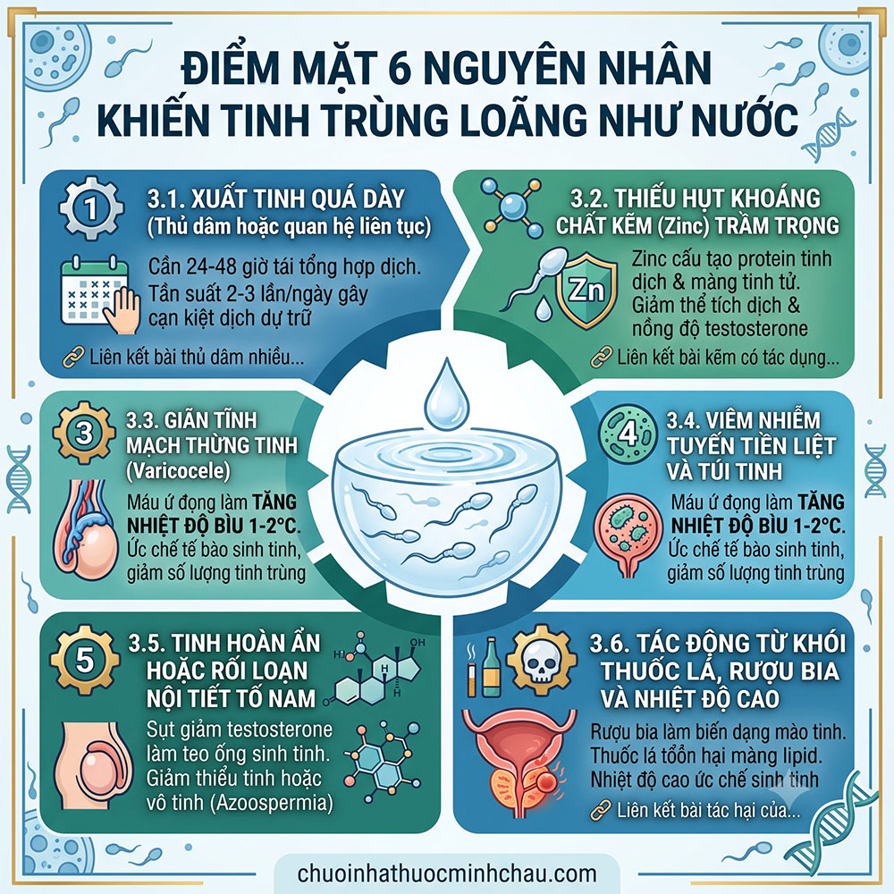 Điểm mặt các nguyên nhân khiến tinh trùng loãng như nước gồm xuất tinh dày thiếu kẽm giãn tĩnh mạch thừng tinh và viêm nhiễm