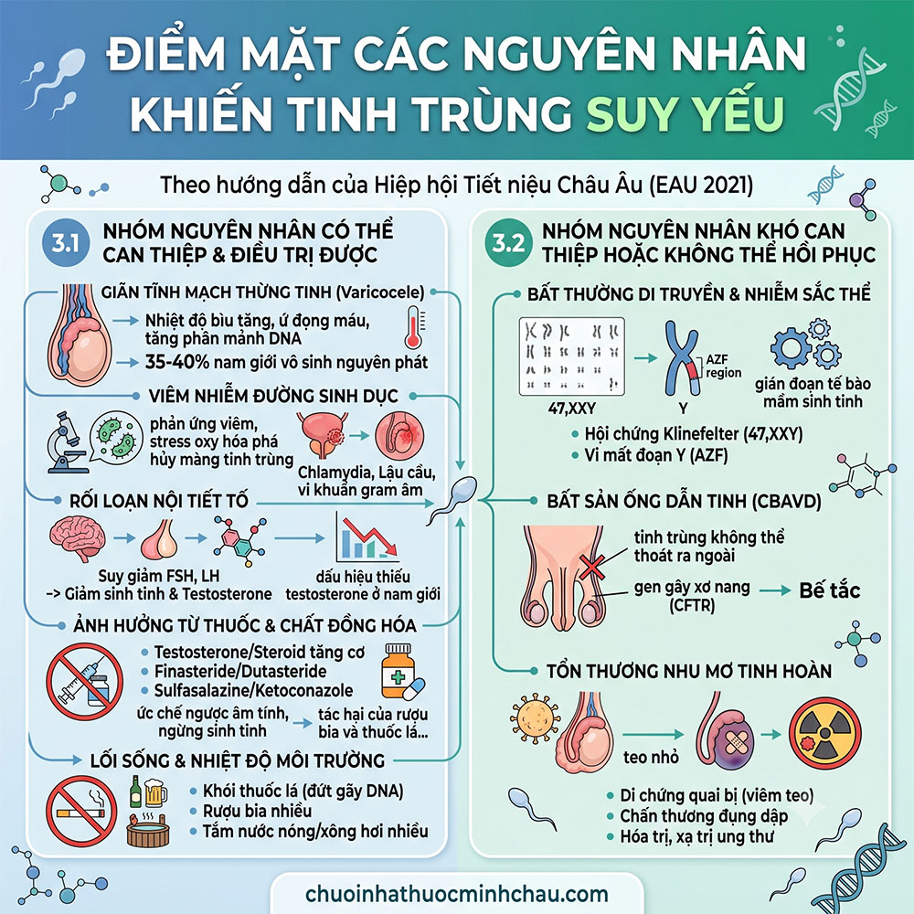 Điểm mặt các nguyên nhân khiến tinh trùng suy yếu theo chuẩn EAU gồm nhóm can thiệp được và nhóm khó can thiệp hoặc không thể hồi phục