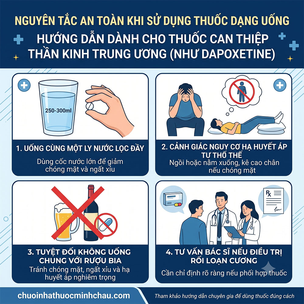 nguyên tắc an toàn khi sử dụng thuốc uống can thiệp thần kinh trung ương Dapoxetine điều trị xuất tinh sớm