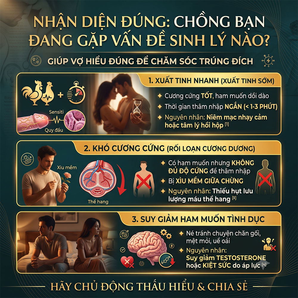Nhận diện đúng chồng bạn đang gặp vấn đề sinh lý nào - Xuất tinh nhanh, khó cương cứng và suy giảm ham muốn