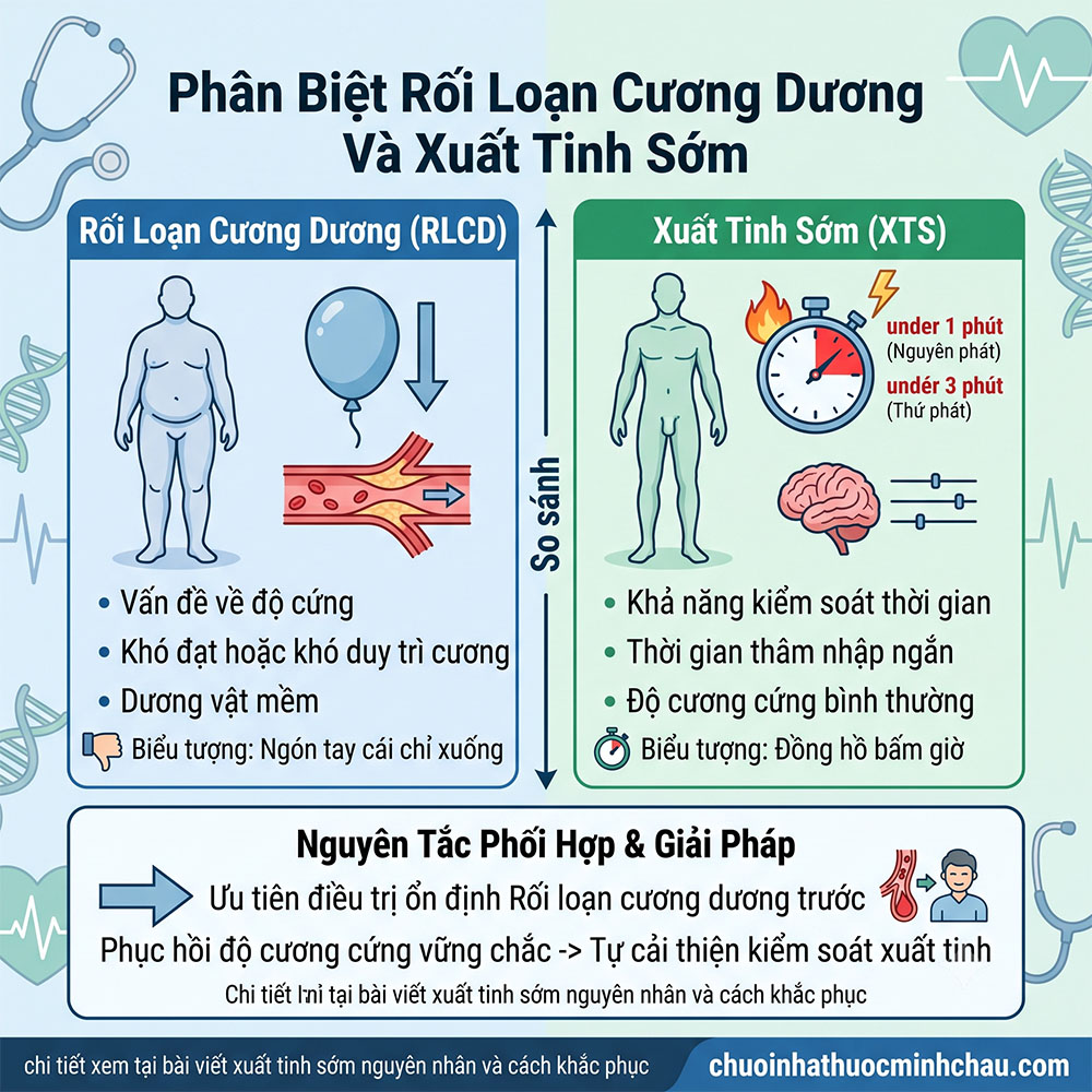 Phân biệt rối loạn cương dương và xuất tinh sớm tiêu chí so sánh và nguyên tắc điều trị phối hợp