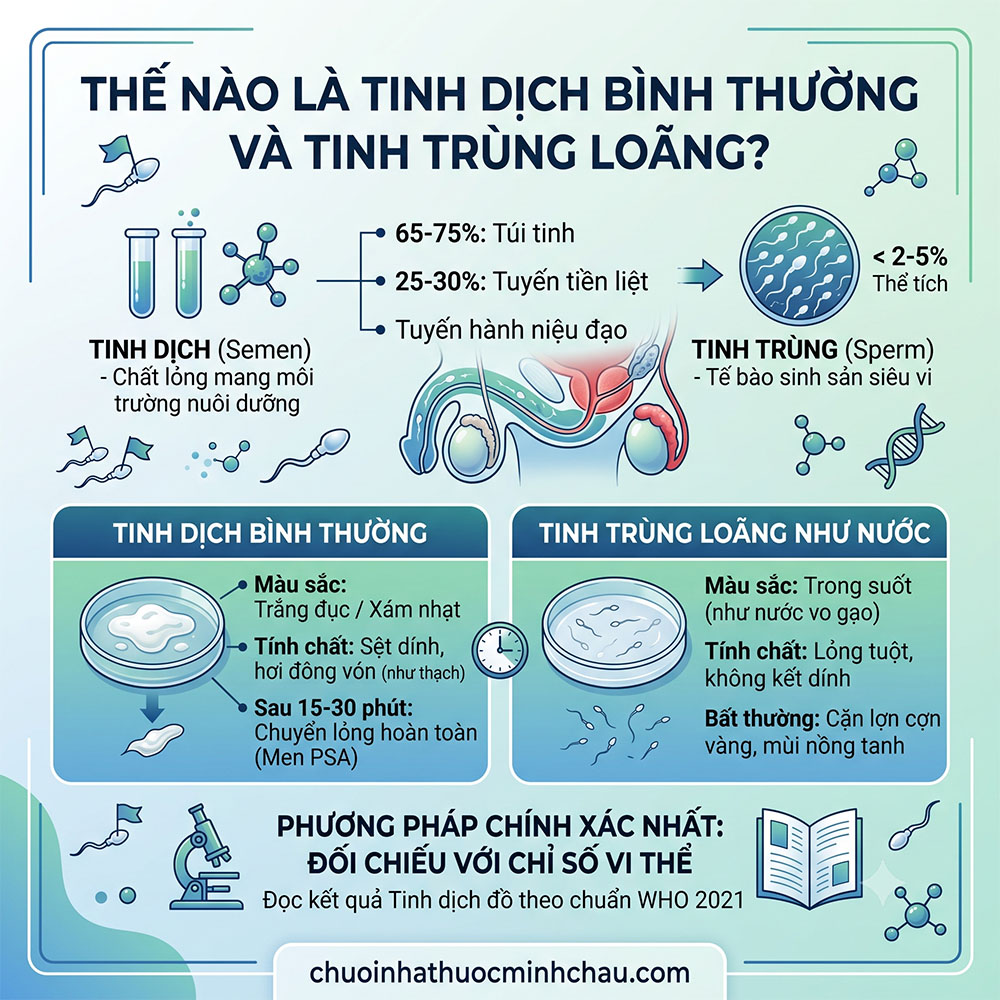 Phân biệt tinh dịch bình thường và tinh trùng loãng như nước về màu sắc tính chất và thời gian ly giải theo chuẩn y khoa