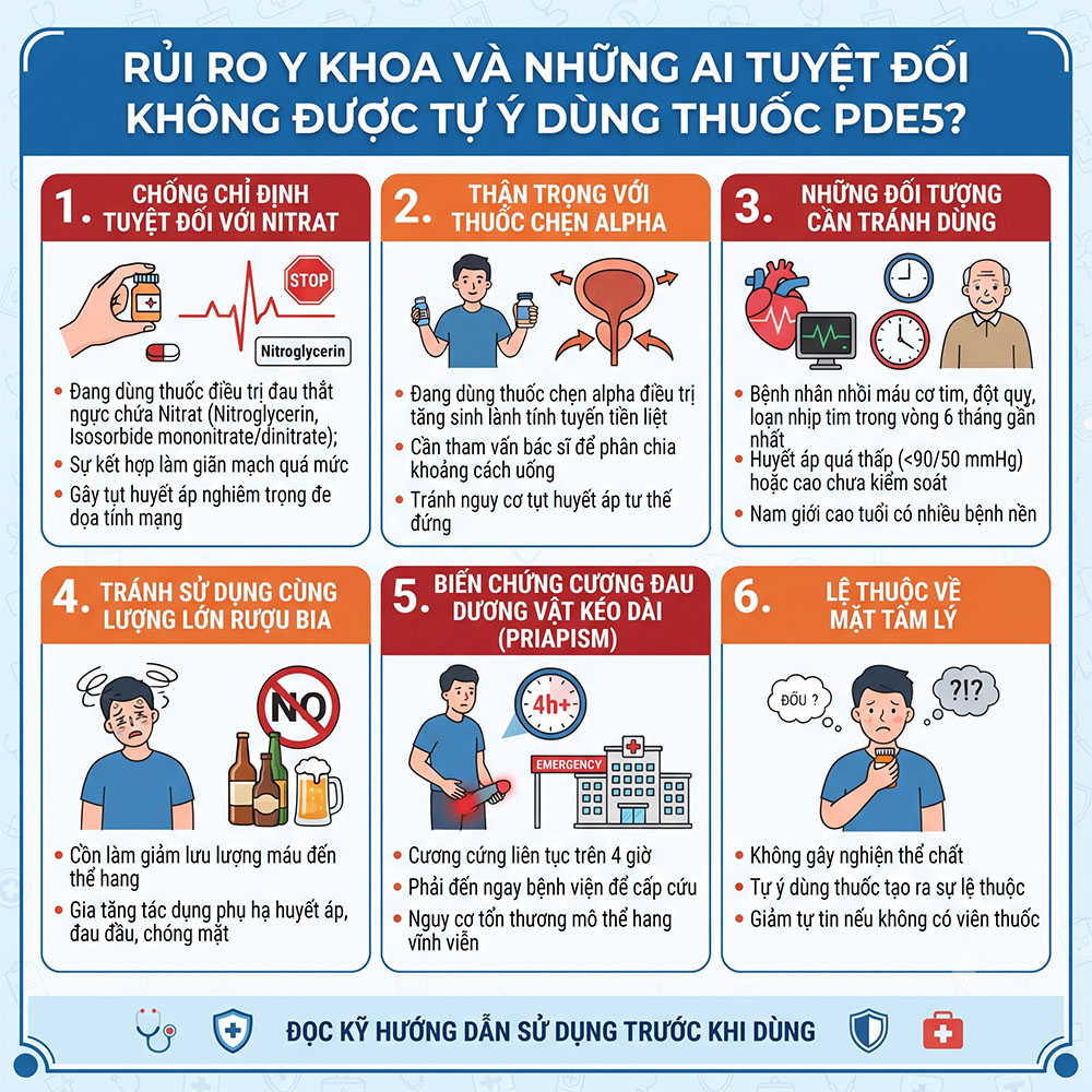 Rủi ro y khoa và những ai tuyệt đối không được tự ý dùng thuốc PDE5 - Chống chỉ định với nitrat và biến chứng cương đau kéo dài