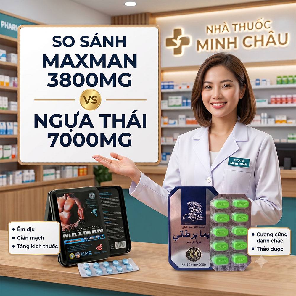Dược sĩ Nhà Thuốc Minh Châu so sánh thuốc cường dương Maxman 3800mg và Ngựa Thái 7000mg nên chọn loại nào