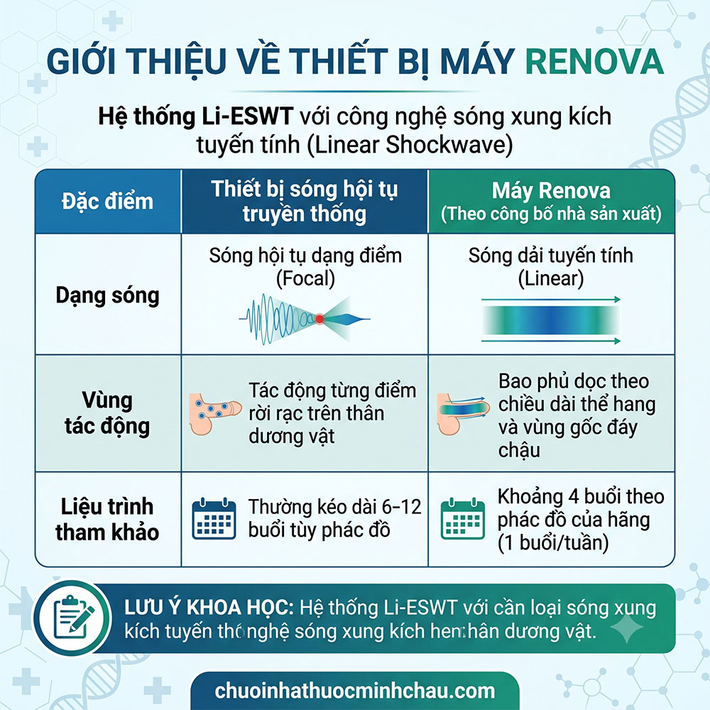 So sánh thiết bị sóng xung kích hội tụ truyền thống và máy Renova công nghệ sóng tuyến tính