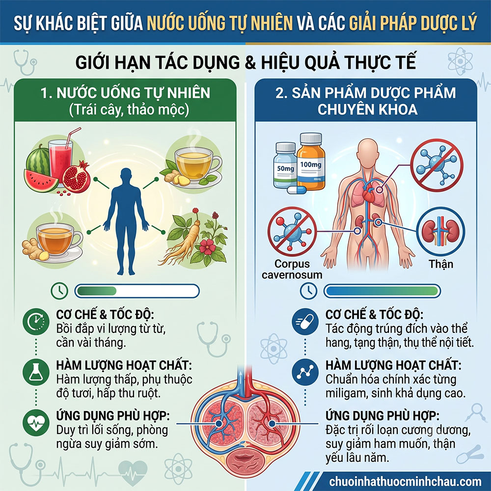 so sánh sự khác biệt giữa nước uống tự nhiên và giải pháp dược phẩm chuyên khoa về giới hạn tác dụng và hiệu quả thực tế với sinh lý nam