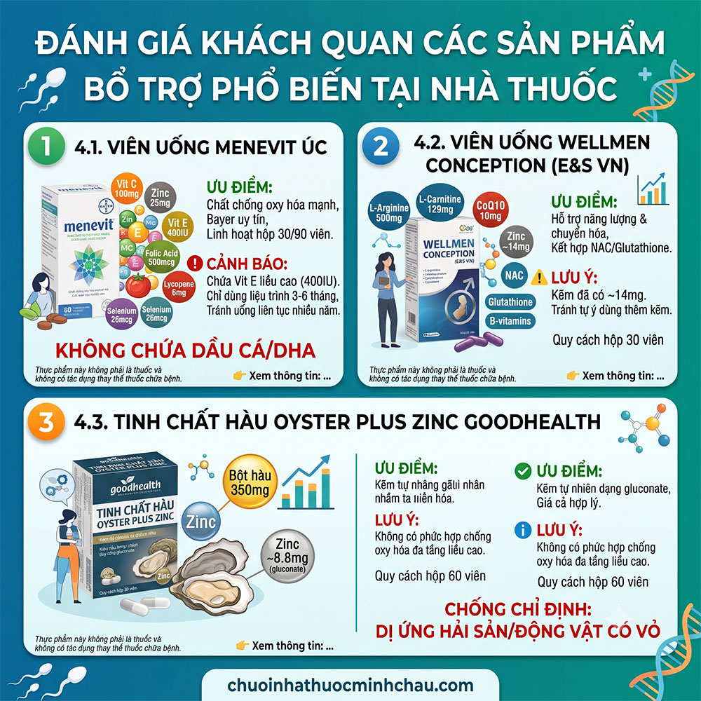 Đánh giá so sánh các sản phẩm bổ tinh trùng phổ biến gồm viên uống Menevit Úc Wellmen Conception và tinh chất hàu Oyster Plus Zinc Goodhealth