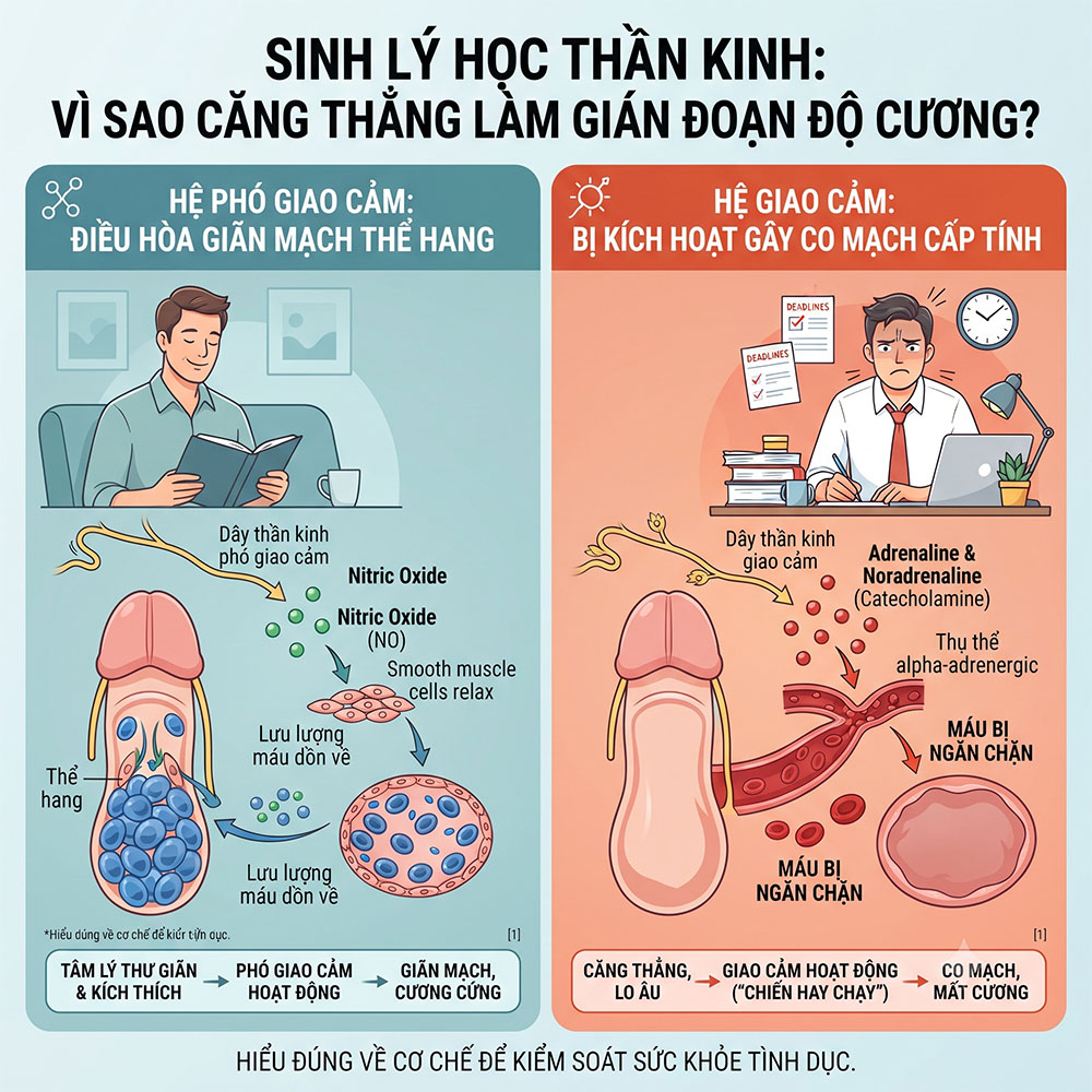 Stress ảnh hưởng đến sinh lý nam - Sinh lý học thần kinh đối kháng giữa hệ giao cảm và phó giao cảm gây mất cương