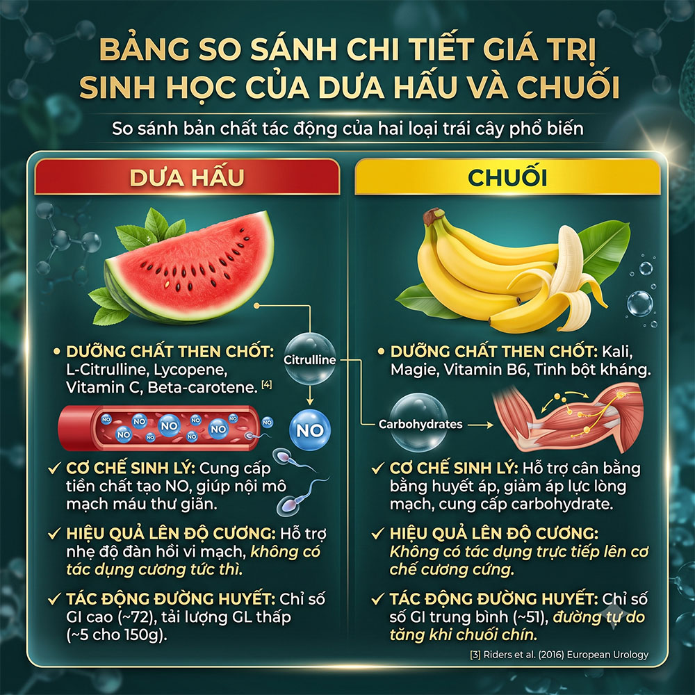 ác dụng của dưa hấu và chuối với sinh lý nam - Bảng so sánh chi tiết giá trị sinh học dưỡng chất và cơ chế tác động