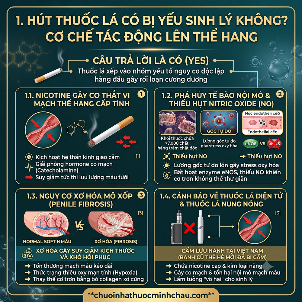 Tác hại của rượu bia và thuốc lá với sinh lý nam - Cơ chế thuốc lá gây co mạch thể hang và xơ hóa mô xốp dương vật