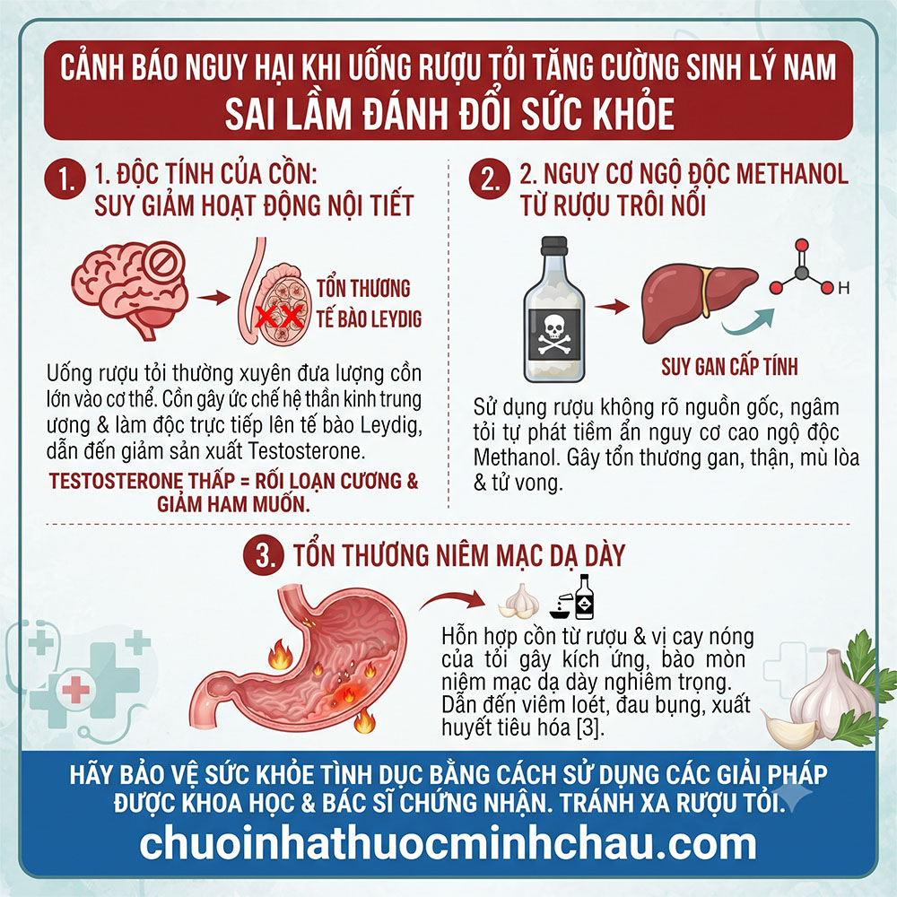 Cảnh báo tác hại khi uống rượu tỏi tăng cường sinh lý nam - Tổn thương gan, dạ dày và giảm Testosterone