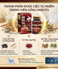 Bảng thành phần dược liệu tự nhiên trong viên uống Saruto gồm thục địa hoài sơn sơn thù du ba kích dâm dương hoắc và kẽm