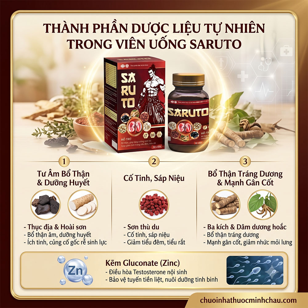 Bảng thành phần dược liệu tự nhiên trong viên uống Saruto gồm thục địa hoài sơn sơn thù du ba kích dâm dương hoắc và kẽm