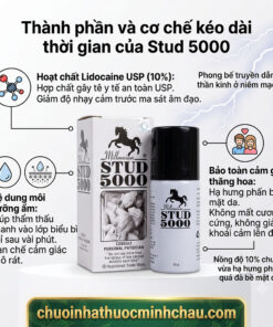 Bảng thành phần hoạt chất chai xịt Stud 5000 gồm hợp chất Lidocaine 10% USP an toàn y tế