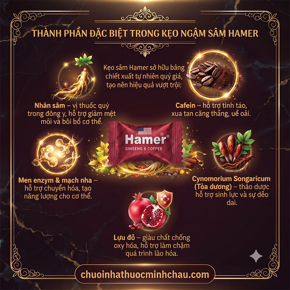 Bảng thành phần thảo dược trong kẹo sâm Hamer gồm nhân sâm sa mạc chiết xuất lựu đỏ và cà phê cô đặc