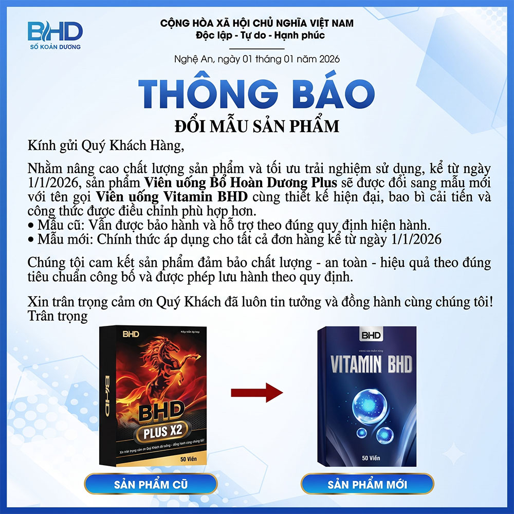 Thông báo đổi mẫu sản phẩm Bổ Hoàn Dương Plus sang Vitamin BHD