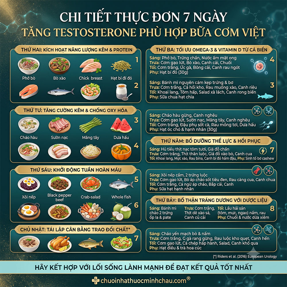 Thực đơn 7 ngày tăng testosterone cho nam giới - Chi tiết thực đơn từng bữa ăn từ thứ hai đến chủ nhật chuẩn vị cơm Việt
