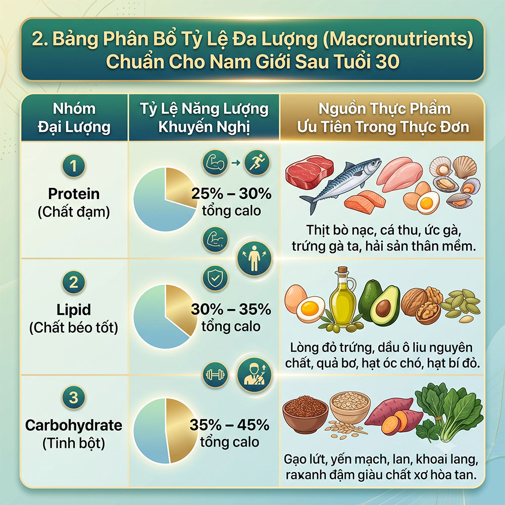 Thực đơn 7 ngày tăng testosterone cho nam giới - Bảng phân bổ tỷ lệ đa lượng chuẩn protein chất béo và carbohydrate sau tuổi 30
