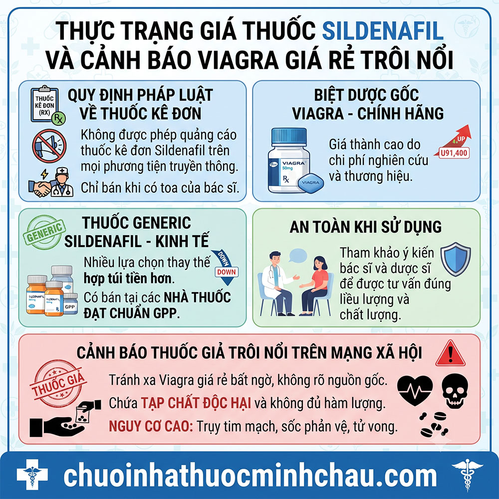 Thực trạng giá thuốc Sildenafil biệt dược gốc Viagra thuốc generic và cảnh báo thuốc giả trôi nổi