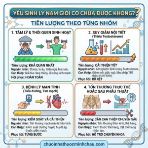 Infographic tiên lượng điều trị yếu sinh lý theo từng nhóm gồm tâm lý, suy giảm nội tiết, bệnh mạn tính và tổn thương thực thể