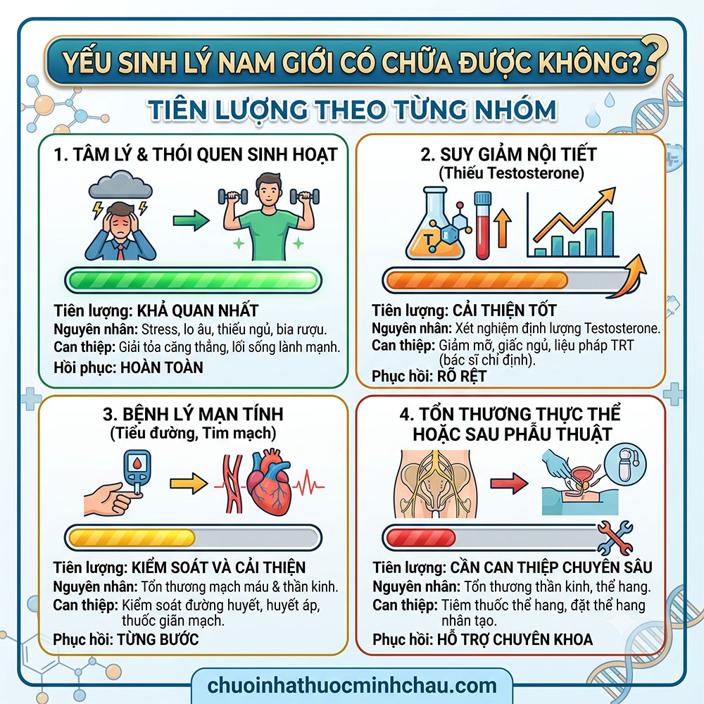 Infographic tiên lượng điều trị yếu sinh lý theo từng nhóm gồm tâm lý, suy giảm nội tiết, bệnh mạn tính và tổn thương thực thể