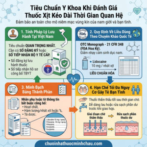 iêu chuẩn y khoa khi đánh giá thuốc xịt kéo dài thời gian quan hệ gồm tính pháp lý, chuyên khảo FDA, minh bạch thành phần và an toàn cho bạn tình