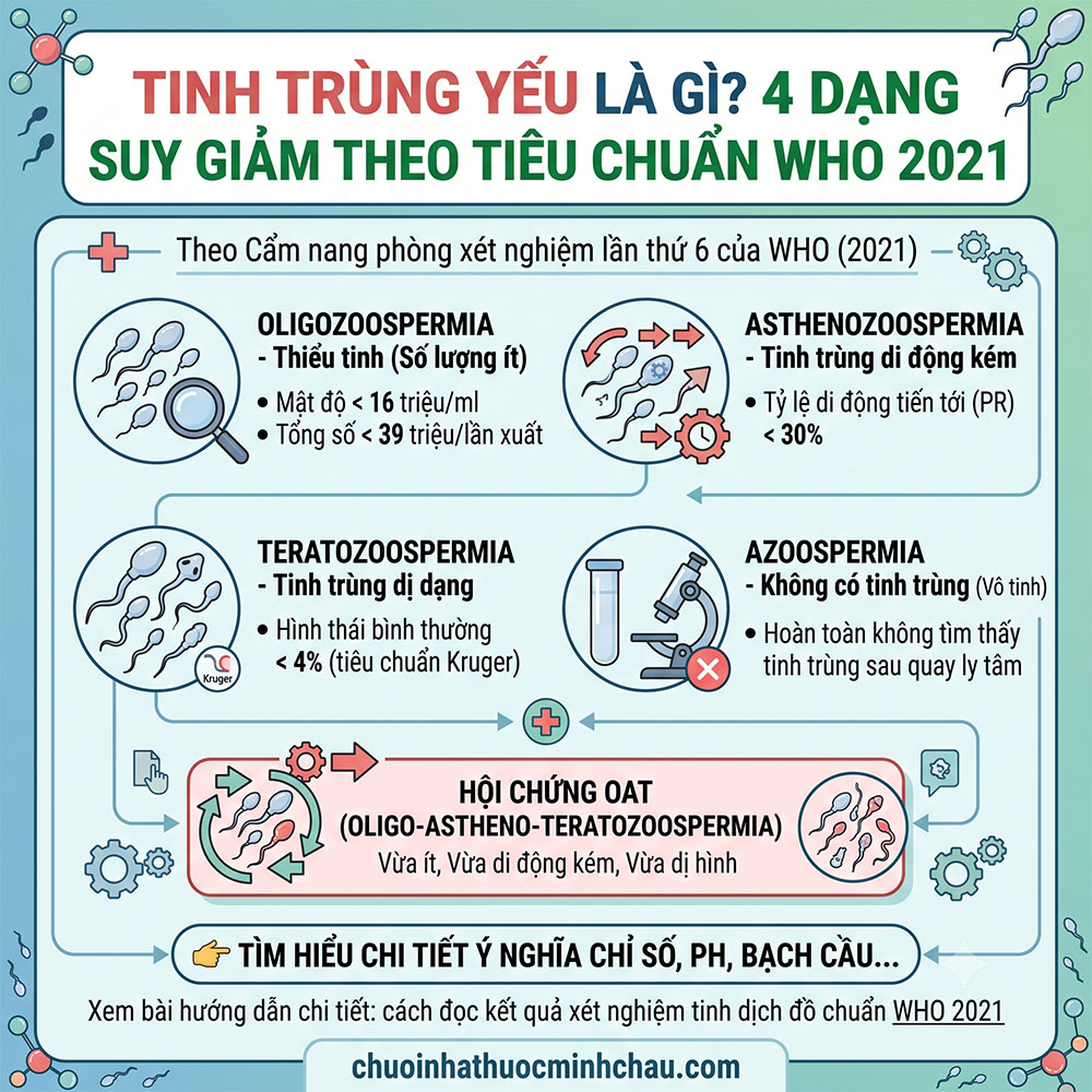 Tinh trùng yếu là gì - 4 dạng suy giảm theo tiêu chuẩn WHO 2021 gồm thiểu tinh di động kém dị dạng vô tinh và hội chứng OAT