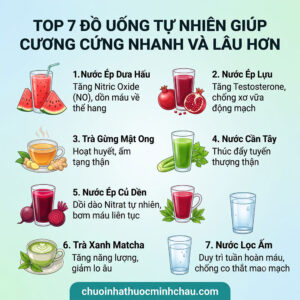 top 7 đồ uống tự nhiên giúp cương cứng nhanh và lâu hơn gồm nước ép dưa hấu, lựu, trà gừng mật ong, cần tây, củ dền, trà xanh matcha và nước lọc ấm