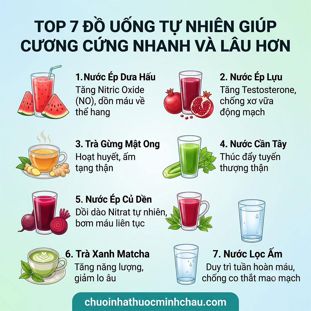top 7 đồ uống tự nhiên giúp cương cứng nhanh và lâu hơn gồm nước ép dưa hấu, lựu, trà gừng mật ong, cần tây, củ dền, trà xanh matcha và nước lọc ấm
