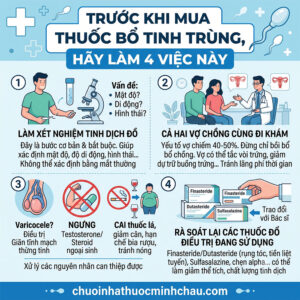 Trước khi mua thuốc bổ tinh trùng hãy làm 4 việc này gồm xét nghiệm tinh dịch đồ khám cả hai vợ chồng xử lý nguyên nhân và rà soát thuốc