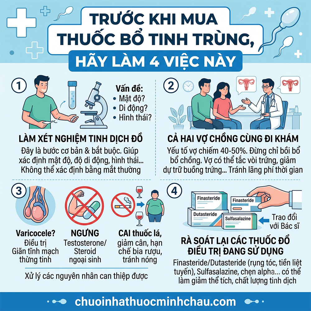 Trước khi mua thuốc bổ tinh trùng hãy làm 4 việc này gồm xét nghiệm tinh dịch đồ khám cả hai vợ chồng xử lý nguyên nhân và rà soát thuốc