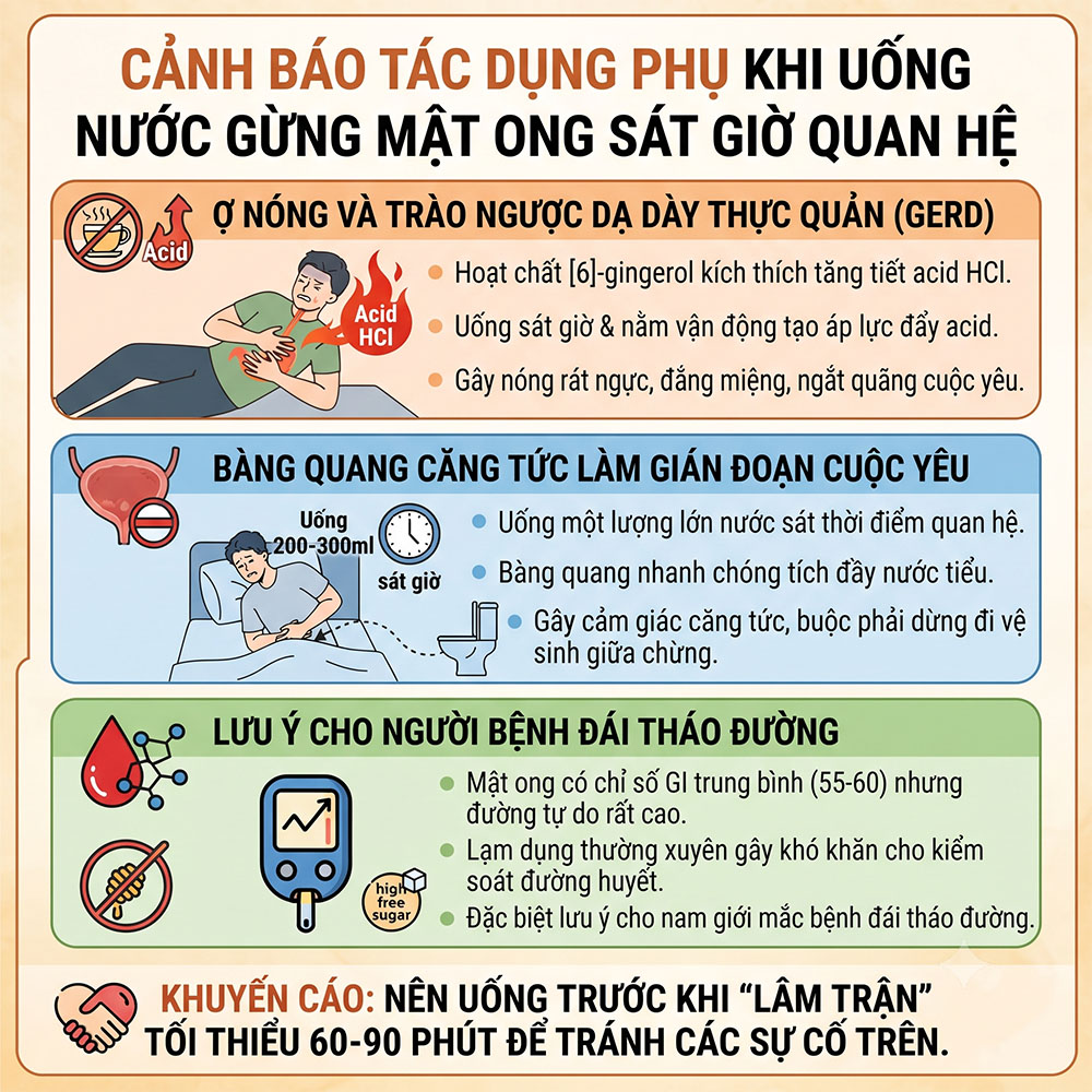 Uống nước gừng mật ong trước khi quan hệ - Cảnh báo tác dụng phụ trào ngược dạ dày và căng bàng quang sát giờ lâm trận