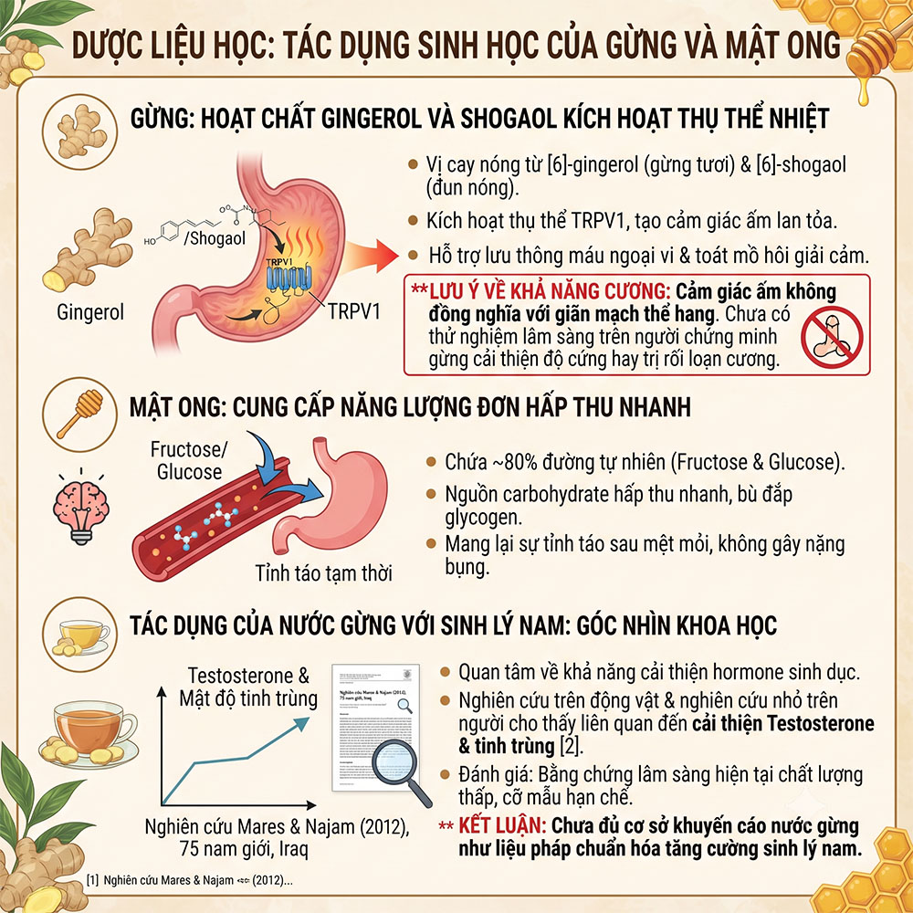 Uống nước gừng mật ong trước khi quan hệ - Tác dụng sinh học của gừng và mật ong dưới góc nhìn dược liệu học