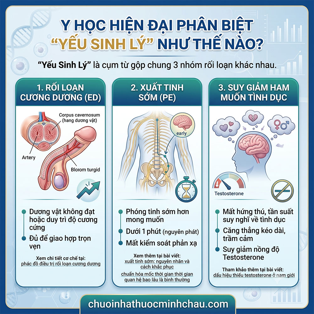 Y học hiện đại phân biệt yếu sinh lý thành 3 nhóm rối loạn cương dương ED, xuất tinh sớm PE và suy giảm ham muốn