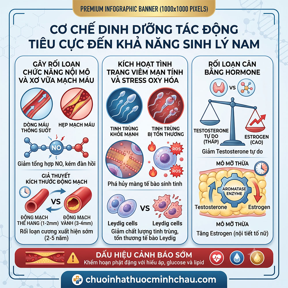 Yếu sinh lý nên kiêng ăn gì - Cơ chế dinh dưỡng gây xơ vữa mạch máu thể hang và mất cân bằng testosterone