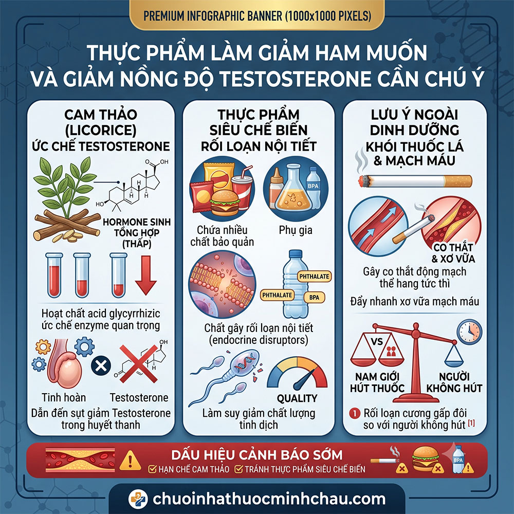 Yếu sinh lý nên kiêng ăn gì - Tác hại của cam thảo đồ siêu chế biến và khói thuốc làm giảm testosterone