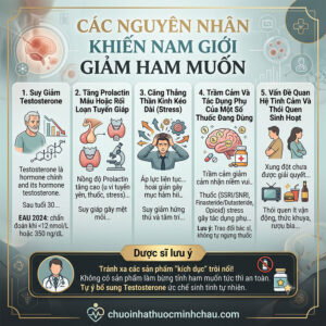 Các nguyên nhân khiến nam giới giảm ham muốn gồm suy giảm testosterone stress và tác dụng phụ của thuốc