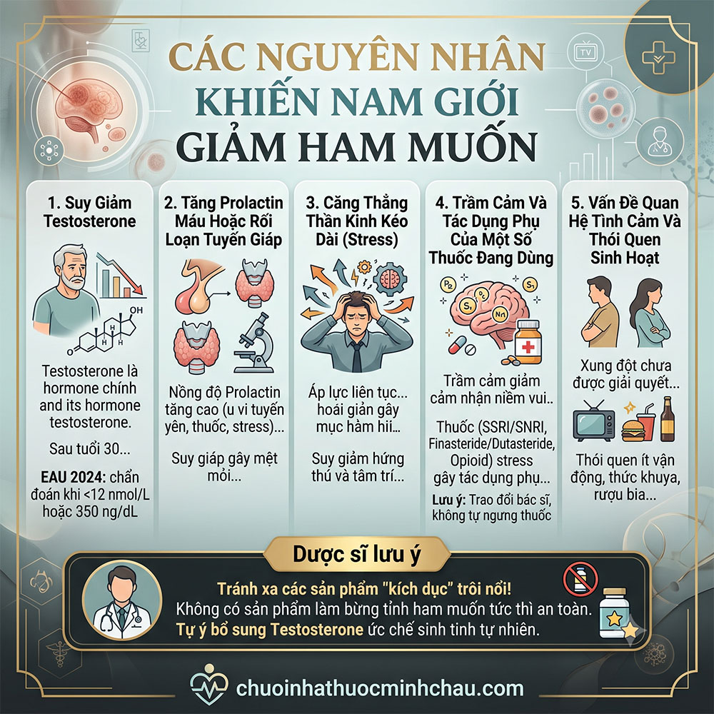 Các nguyên nhân khiến nam giới giảm ham muốn gồm suy giảm testosterone stress và tác dụng phụ của thuốc