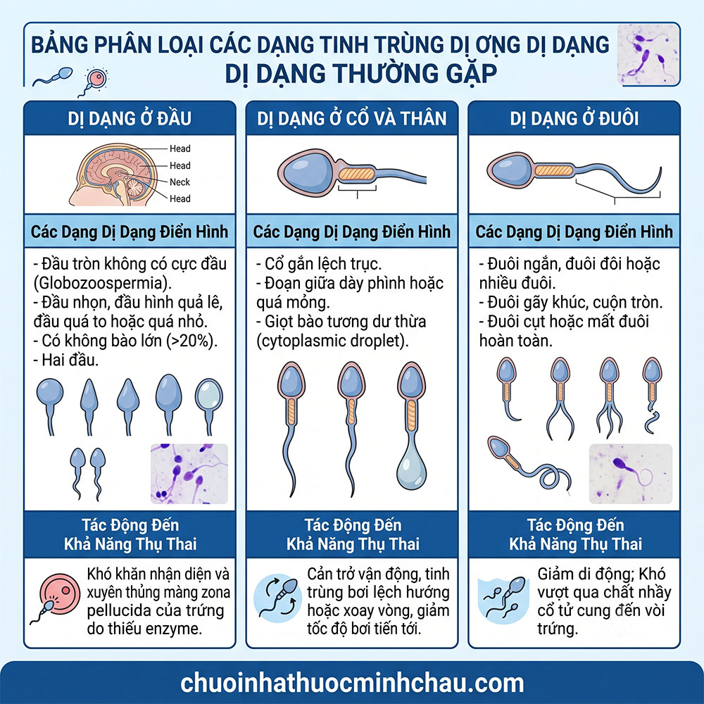 Bảng phân loại các dạng tinh trùng dị dạng thường gặp ở đầu cổ thân và đuôi