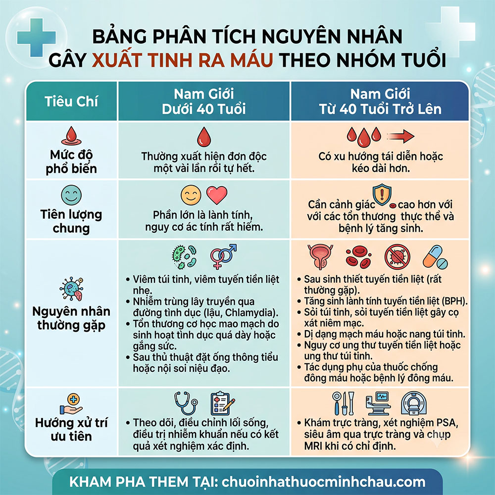 Bảng phân tích nguyên nhân gây xuất tinh ra máu theo nhóm tuổi dưới 40 và từ 40 tuổi trở lên
