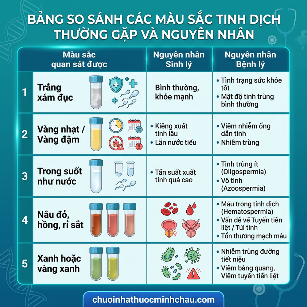 Bảng so sánh các màu sắc tinh dịch thường gặp và nguyên nhân sinh lý bệnh lý