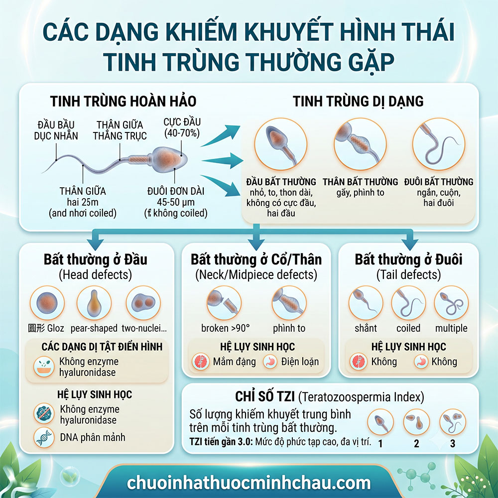 Các dạng khiếm khuyết hình thái tinh trùng thường gặp ở đầu cổ thân đuôi và chỉ số TZI