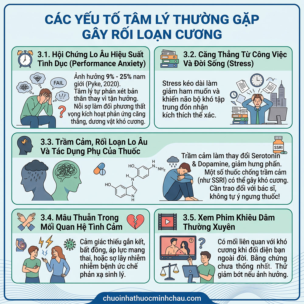 Các yếu tố tâm lý thường gặp gây rối loạn cương dương gồm lo âu hiệu suất stress trầm cảm