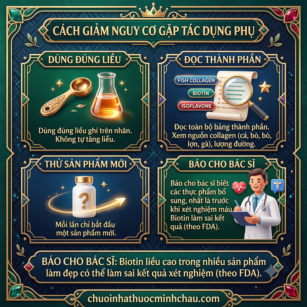 Cách giảm nguy cơ gặp tác dụng phụ khi uống collagen: dùng đúng liều, đọc bảng thành phần, thử sản phẩm mới và báo cho bác sĩ
