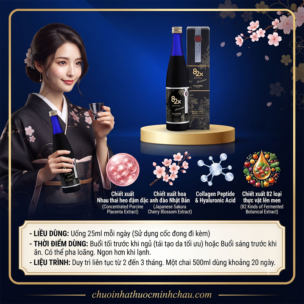 Hướng dẫn cách uống, liều dùng và liệu trình sử dụng nước uống 82x Sakura Premium Placenta 500ml đúng cách