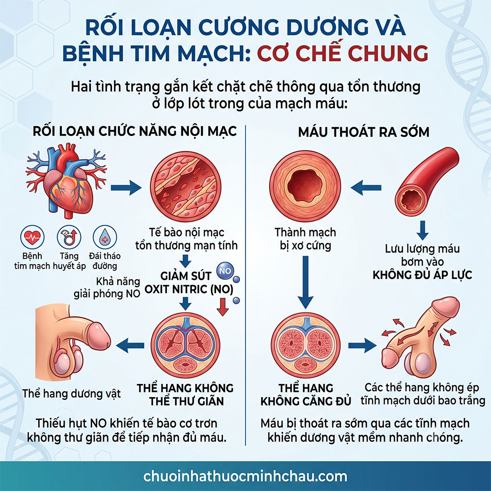 Cơ chế chung giữa rối loạn cương dương và bệnh tim mạch qua rối loạn chức năng nội mạc và máu thoát ra sớm