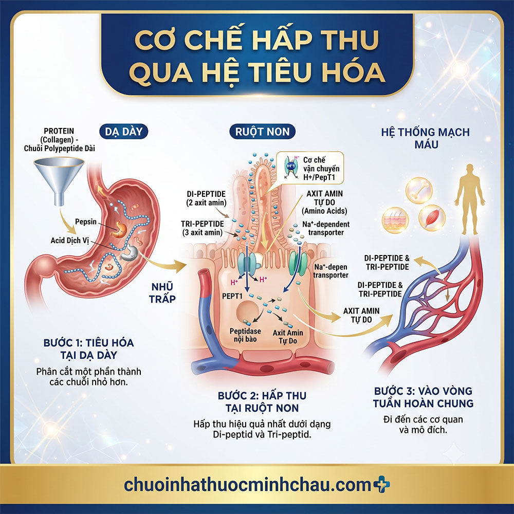 Cơ chế hấp thu qua hệ tiêu hóa collagen thủy phân dạ dày ruột non kênh pept1 và tuần hoàn máu
