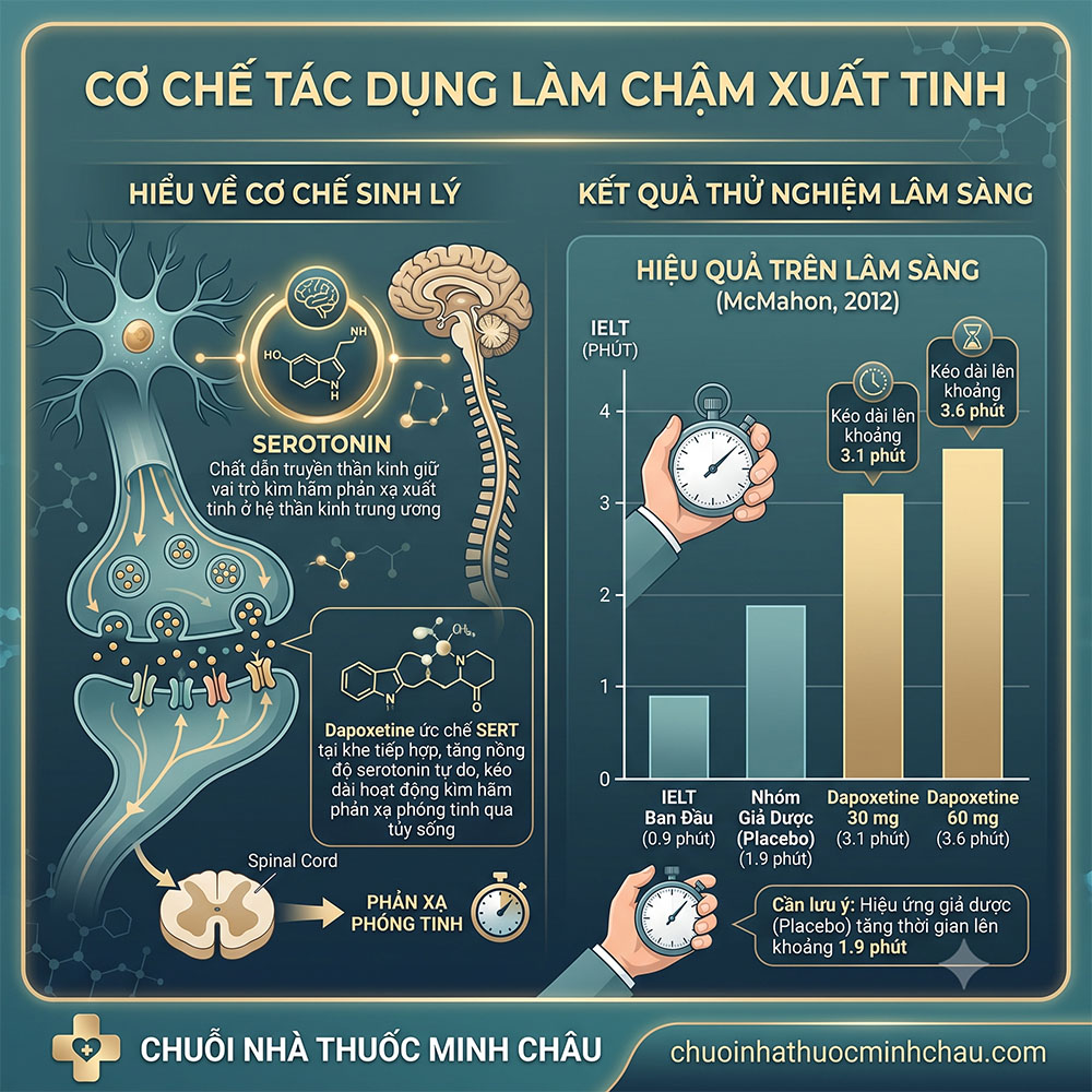 Cơ chế ức chế SERT tăng serotonin và hiệu quả lâm sàng của dapoxetine theo McMahon 2012