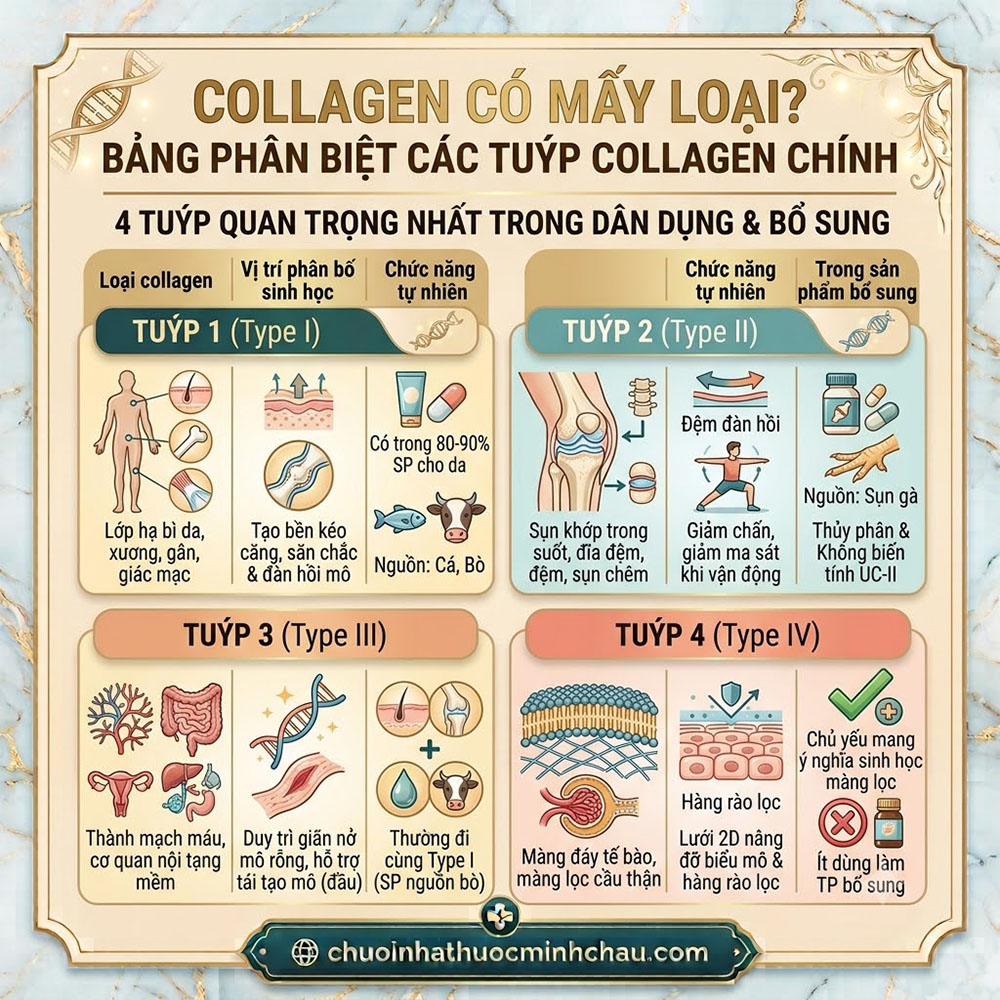 Collagen có mấy loại bảng phân biệt các tuýp collagen chính tuýp 1 tuýp 2 tuýp 3 tuýp 4