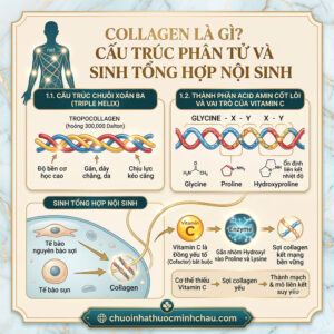 Collagen là gì cấu trúc chuỗi xoắn ba Tropocollagen và sinh tổng hợp nội sinh cùng Vitamin C